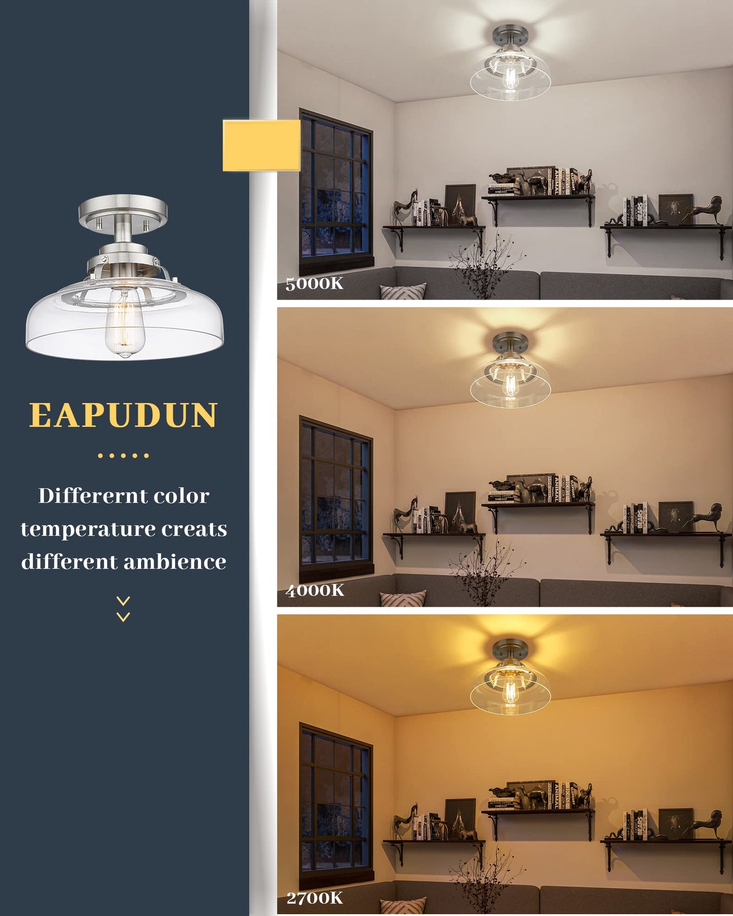 EAPUDUN Semi Flush Mount Ceiling Light, Farmhouse Close to Ceilight Lighting Fixture, Brushed Nickel Finish, Clear Glass Pendant Lamp Shade, SMA1307-BNK
