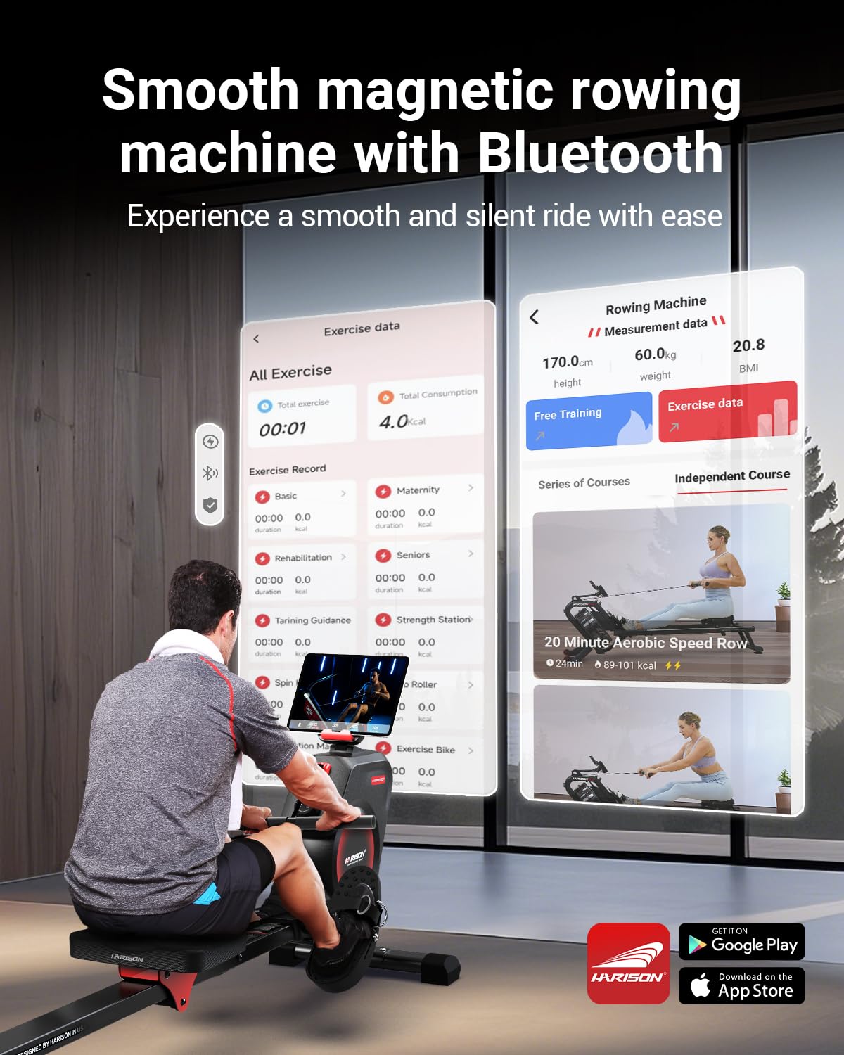 HARISON Rowing Machines for Home, Magnetic Rower Machine with US Mute System, Bluetooth, App Supported, Smooth & Quiet Slide Rail,350 LB Weight Capacity and Free Courses