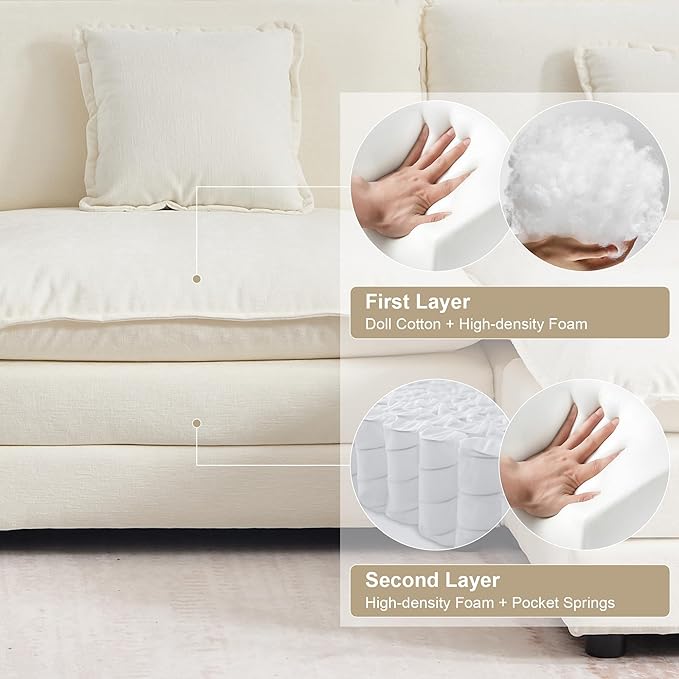 KIVENJAJA 111.5”W Chenille L-Shaped Modular Sectional Sofa, Modern 3-Seater Comfy Deep Seat Cloud Couch with Ottoman/Chaise & 5 Pillows for Living Room Office Apartment, Beige