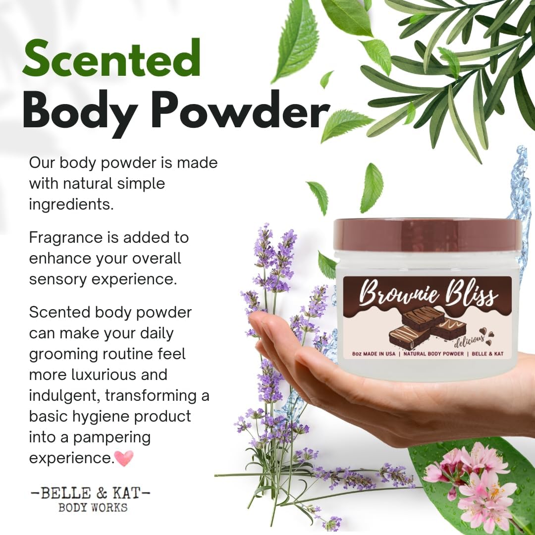 Body Powder for Men & Women Scented Chocolate Brownie Bliss, bath Perfume Dusting Powder with Fragrance & Essential Oils, Talc Free 8oz Container, Made in USA