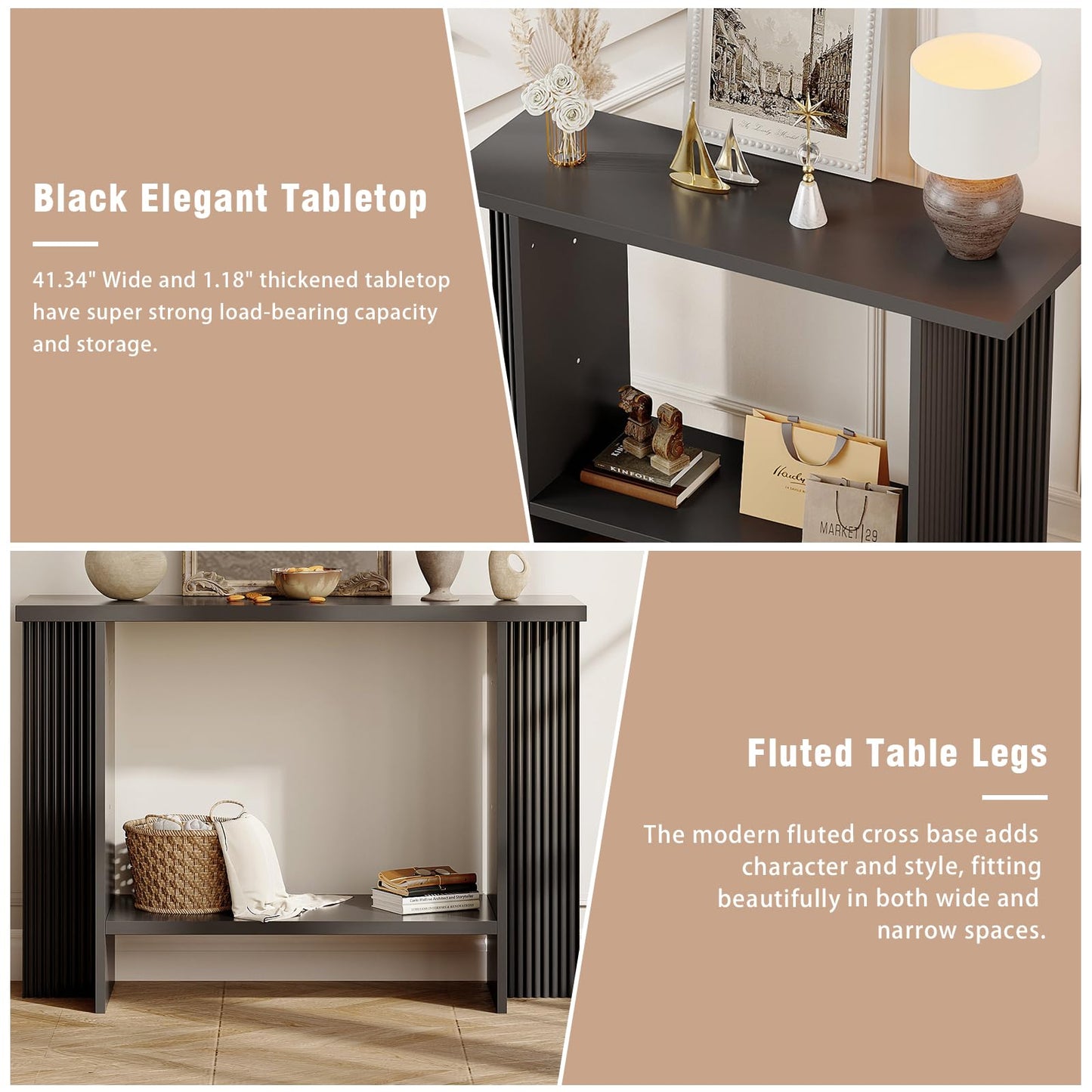 Trironsun Fluted Console Table for Small Spaces 2-Tier Storage Narrow Entryway Table with Solid Wood Cross Base Mid-Century Modern Sofa Table for Hallway Living Room Behind Couch