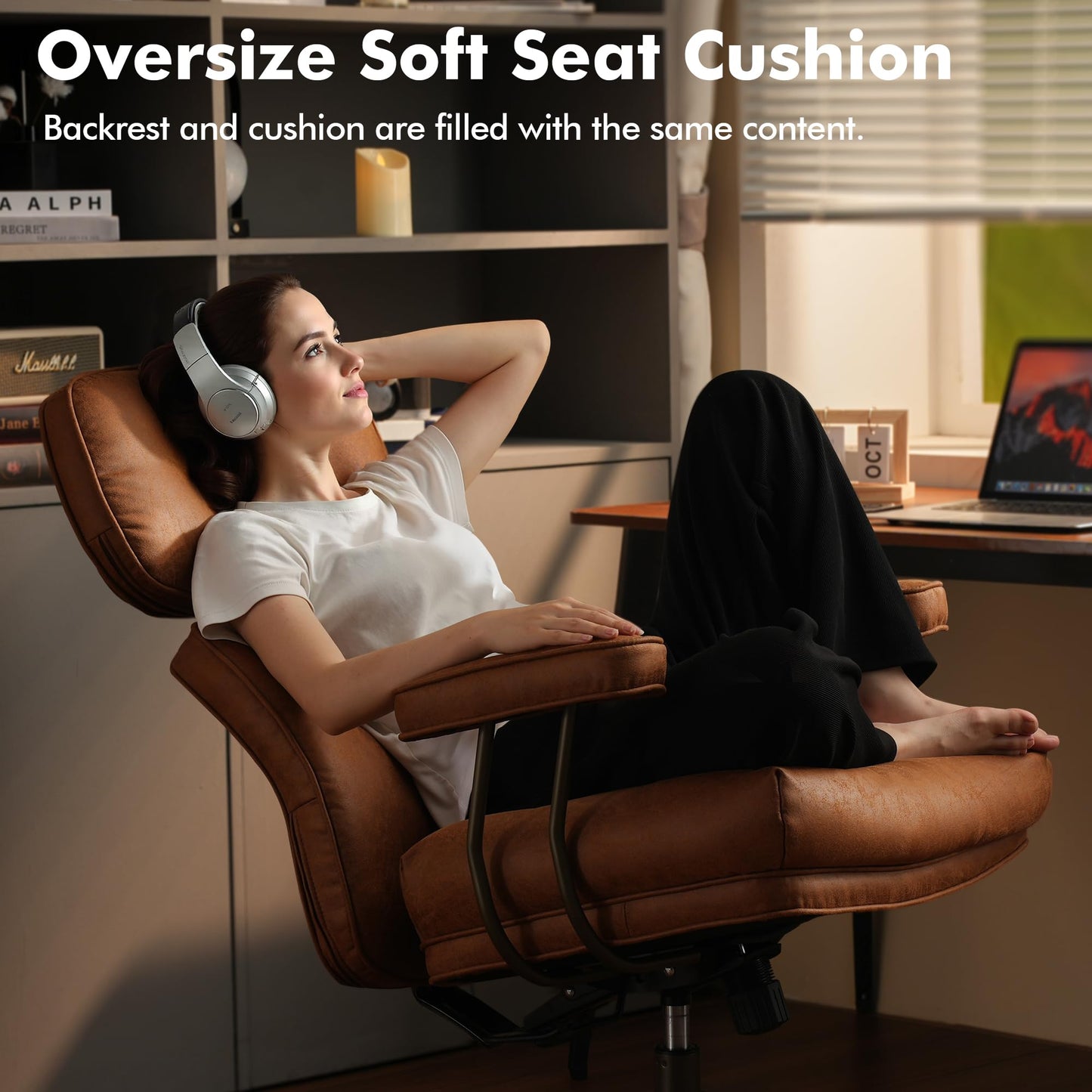 weaxty W Brown Leather Home Office Chair, Ergonomic High Back Executive Chair with Deep Seat Thick Cushion, Mid Century Modern Big and Tall Computer Desk Chair with Lumbar Support (Light Brown Suede)