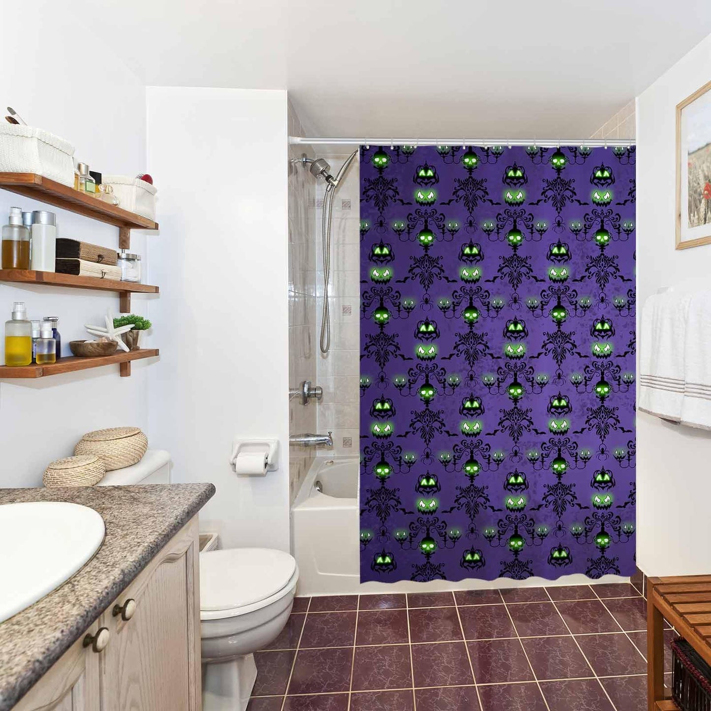 Allenjoy 72" x 72" Halloween Purple Haunted House Shower Curtain for Bathroom Set Spooky Skull Wall Pumpkin Eyes Home Bath Bathtub Decoration Durable Fabric Machine Washable
