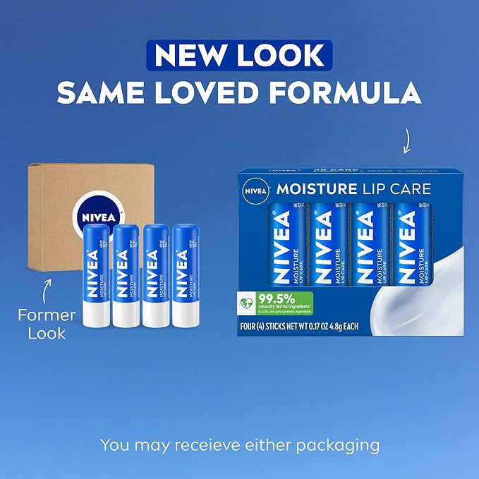 NIVEA Moisture Lip Care, Hydrating Lip Balm with Shea Butter, Nourishing Oils and Vitamin C & E, 3-in-1 Moisture, Repair and Nourish, Holiday Gifts for Self Care, 0.17 Oz Stick, Pack of 4