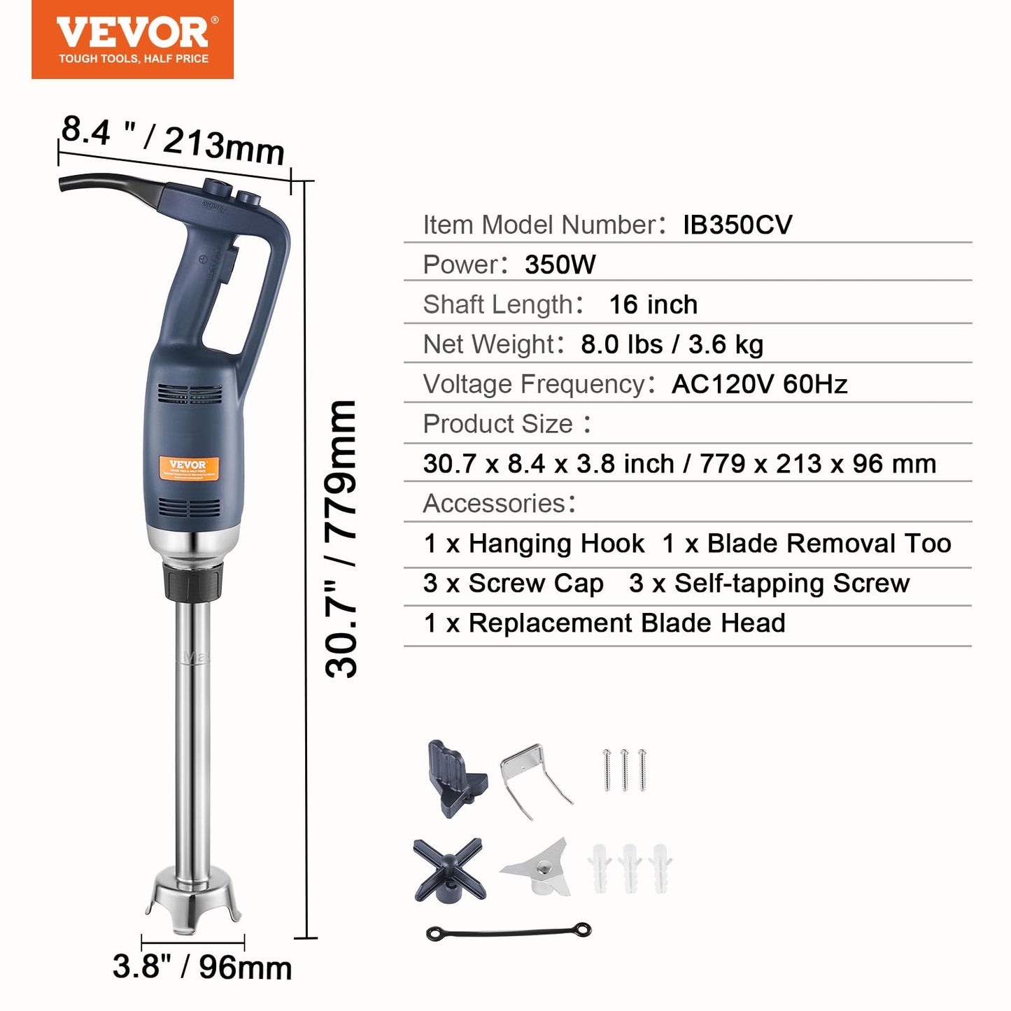 VEVOR Commercial Immersion Blender, 350W Heavy Duty Hand Mixer, 16 inch Stepless Variable Speed Mixer with Stainless Steel Blade, Multi-Purpose Portable Mixer for Soup, Sauces, Mashed Potatoes, Cream