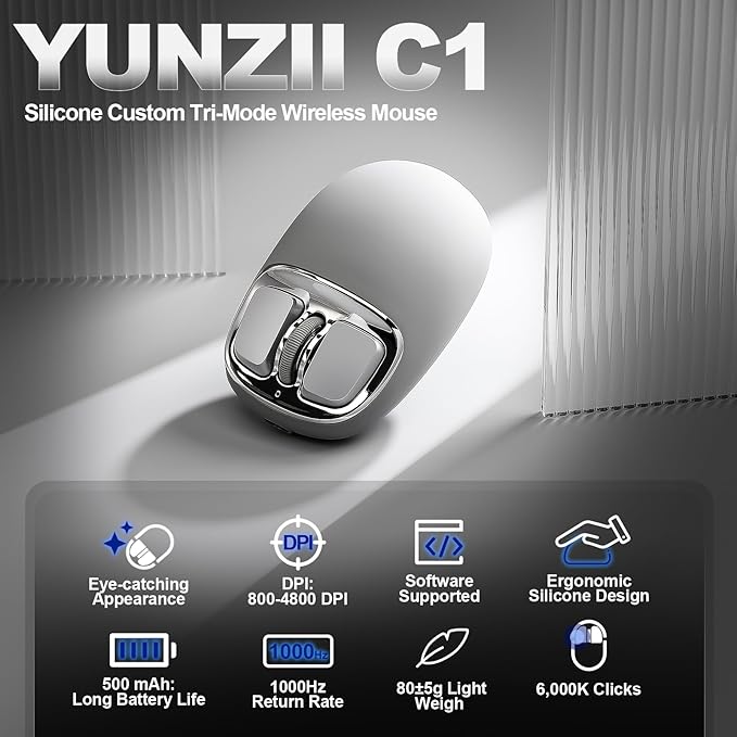 YUNZll C1 Silicone Wireless Mouse, Tri-Mode 2.4G/USB-C/Bluetooth Mouse, 4800 DPl Optical Tracking, 6 Adjustment Levels,Customize Mice for Laptop, Computer, iPad, MacBook (Gray Silver)