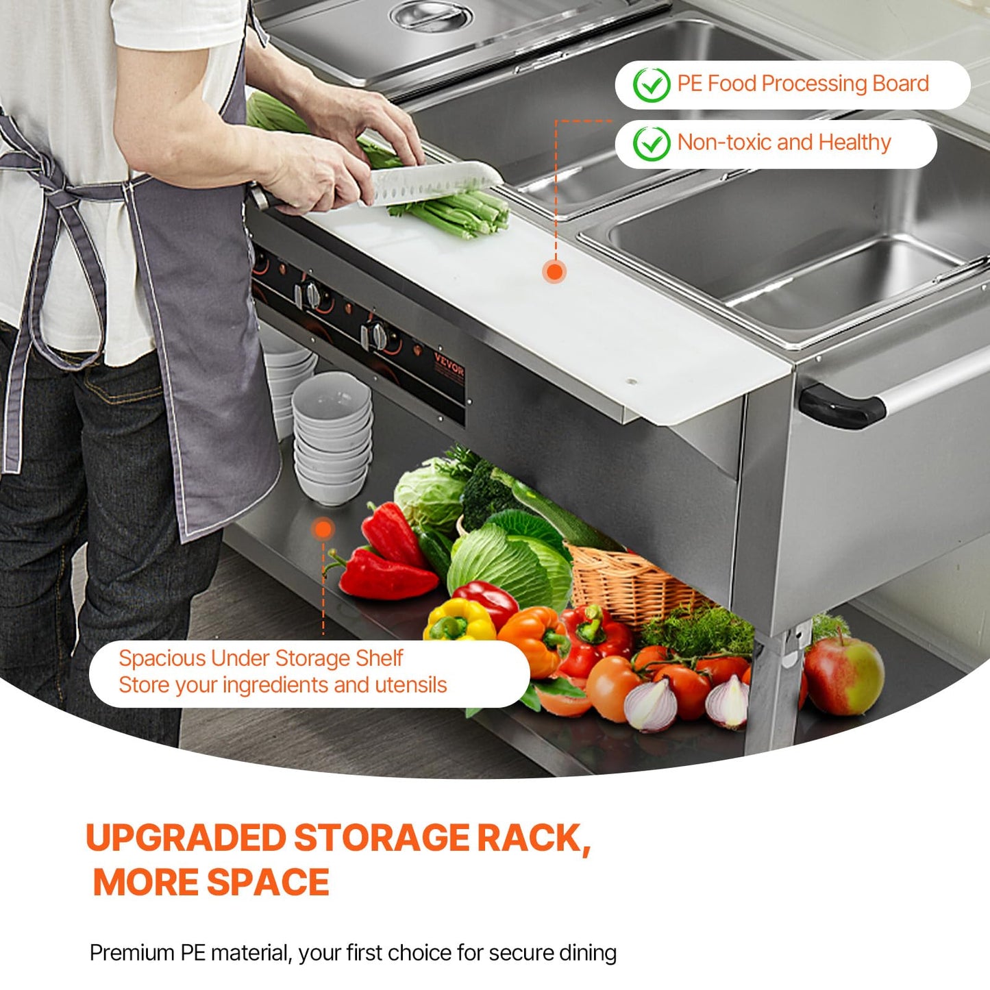 VEVOR Commercial Food Warmer, 2000W Electric Steam Table with 4 x 20.6QT Pans, Versatile Food-Grade Stainless Steel Server with Countertop & Shelf, Movable Buffet Catering Warmer for Party Restaurant
