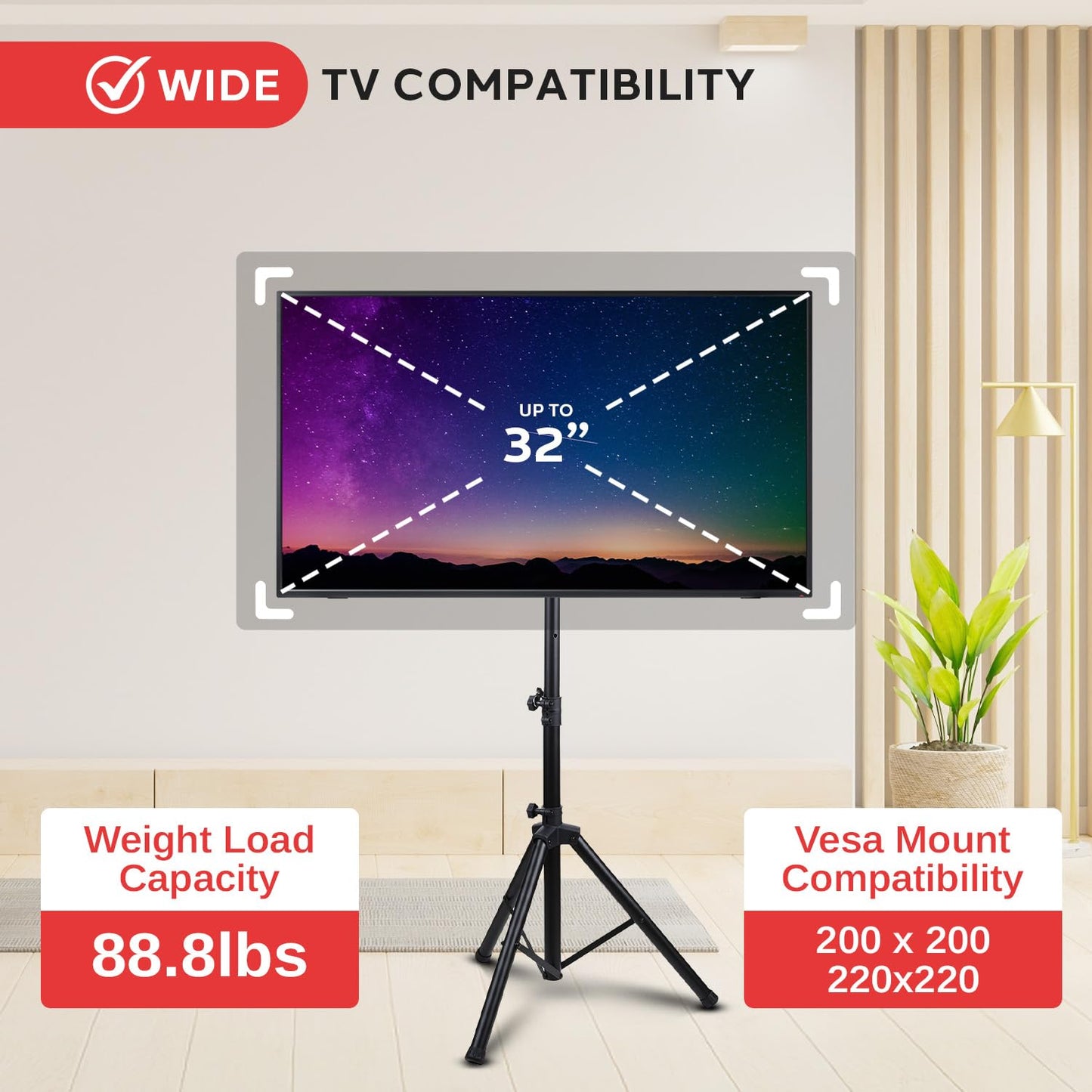Pyle Premium Lcd Flat Panel Tv Tripod Stand, Portable & Foldable Tv Mount For Lcd/Led Flat Screen Tvs Up To 32, Adjustable Heigh