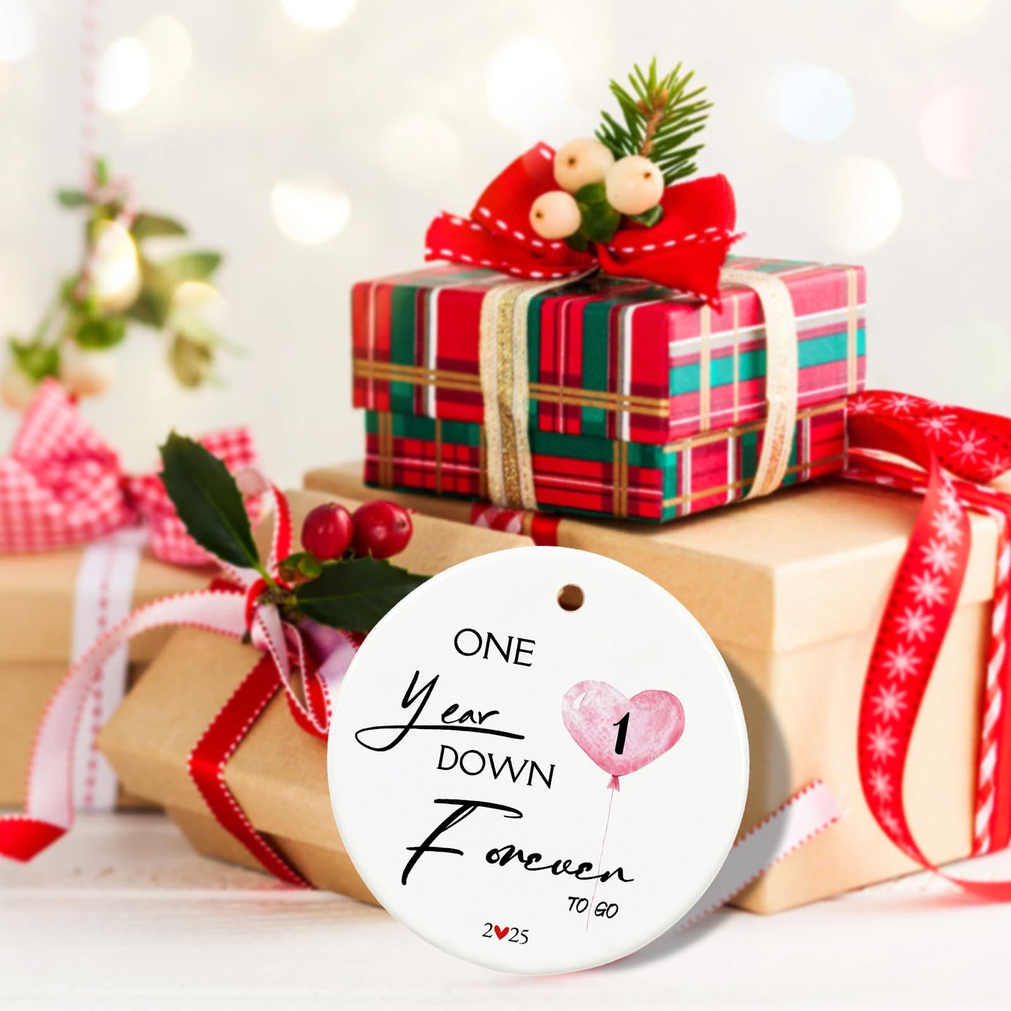 1 Year, 1st, One Year, First Anniversary Ornament Gift for Couples, 1 Year Wedding Anniversary Present, 2.9" Ceramic Gifts for 1st Anniversary Ornaments 2025