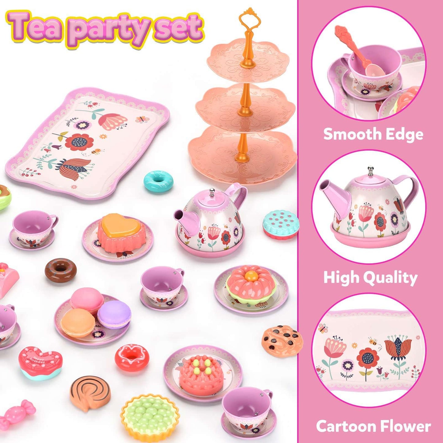 Lajeje Tea Party Set for Toddlers & Little Girls Ages 3-6 – Princess Pretend Play Kitchen Toy with Tin Tea Set, Desserts & Carrying Case