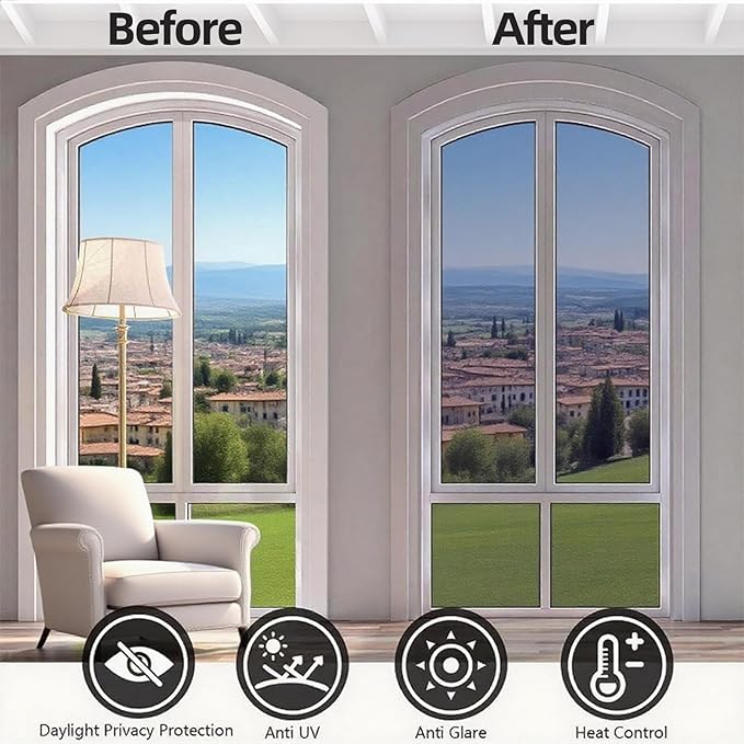 Window Privacy Film One Way Daytime Privacy Static Cling Sun Blocking Static Cling,Frosted Glass Decorative Removable, Reusable, Anti-UV,Heat Blocking, with Tools Black 23x78inch