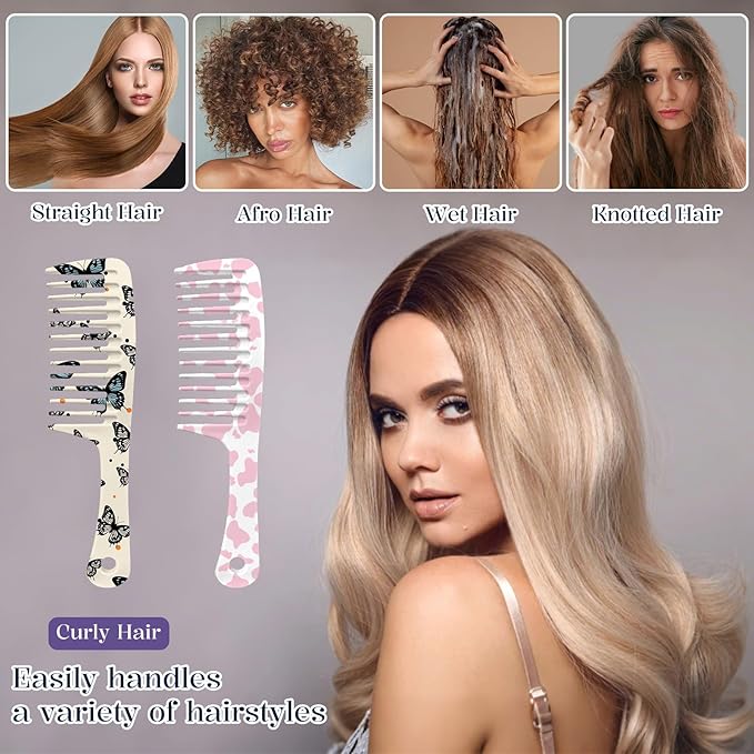 2PCS Wide Tooth Comb,Effortless Tangle Removal for Long Hair Styling Comb for Curly,Wet,Cute Aesthetic Design for Women Men and Girls(Pink-Cow Butterfly-04)