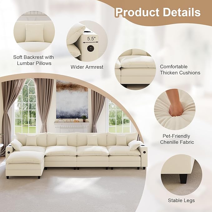 KCGKCG 152" Modular Sectional Sofa, L Shaped Cloud Couch with Movable Ottoman, Chenille Deep Seat Cloud Sofa with Charging Station, Cup Holder, Side Pocket, Sectional Couches for Living Room, Beige