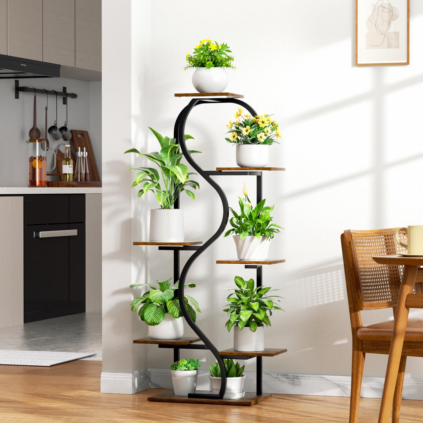 Plant Stand Indoor with Grow Lights - 48" Tall Plant Shelf Indoor, 7 Tiered Corner Plant Stands for Indoor Plants, Lighted S-Shaped Flower Holder Stand, Display Rack for Living Room, Balcony（Black)