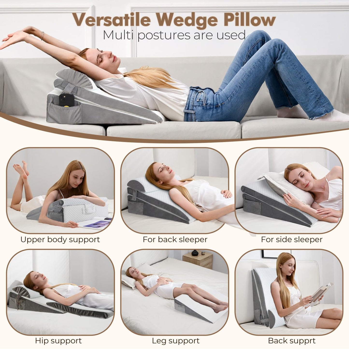 ENITYA Bed Wedge Pillow for Sleep Apnea - 3PCS Wedge Pillow for Acid Reflux Relief/Back Pain Relief/Sleeping/After Surgery/Leg Support - Memory Foam Top, Washable Cover, White