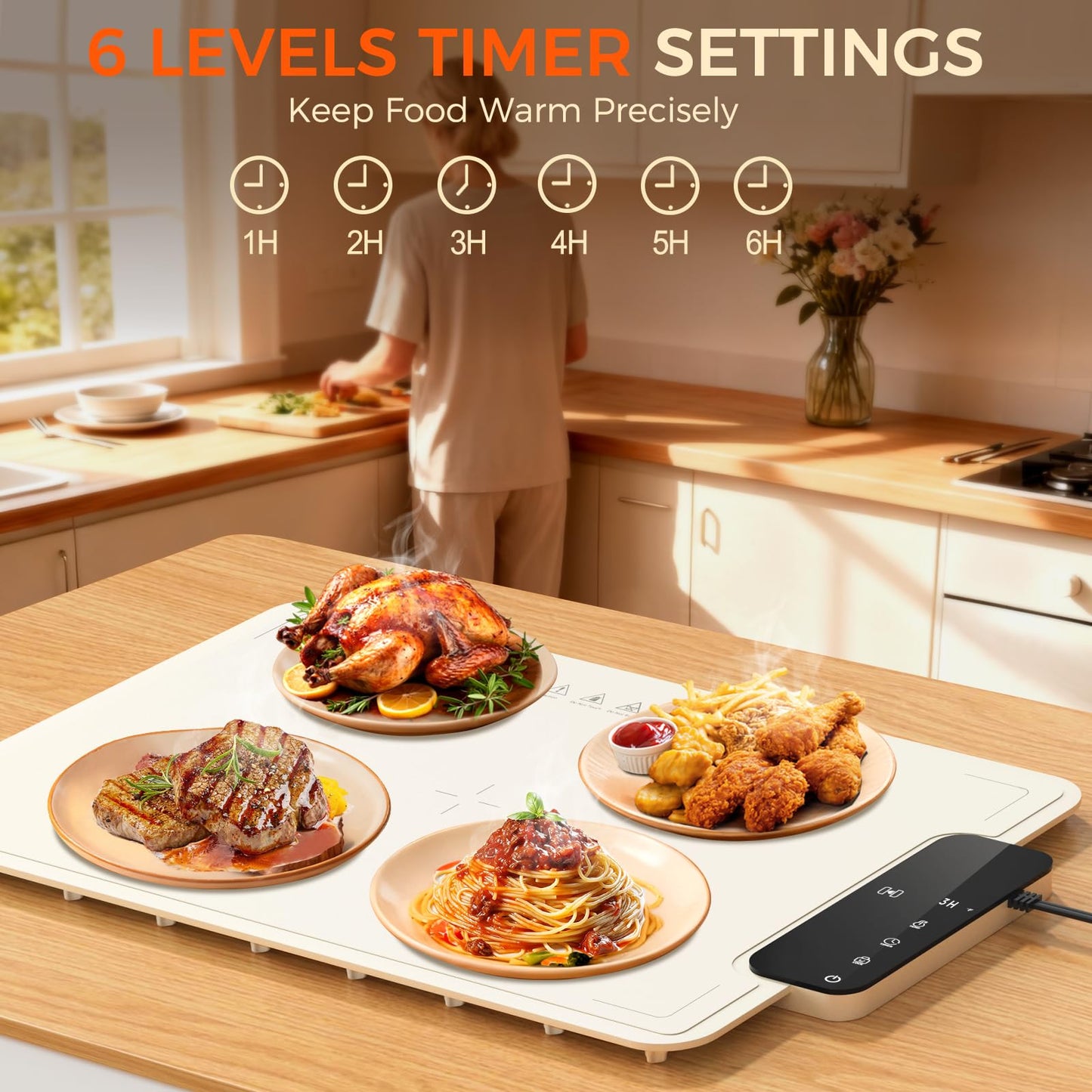 Warming Mat for Food -IPX9 Waterproof Electric Food Warming Tray for Buffet(24"x16"), Portable Countertop Food Warmers for Parties, Dishasher-Friendly, 6-Level Temp 6-Hour Timer, Beige