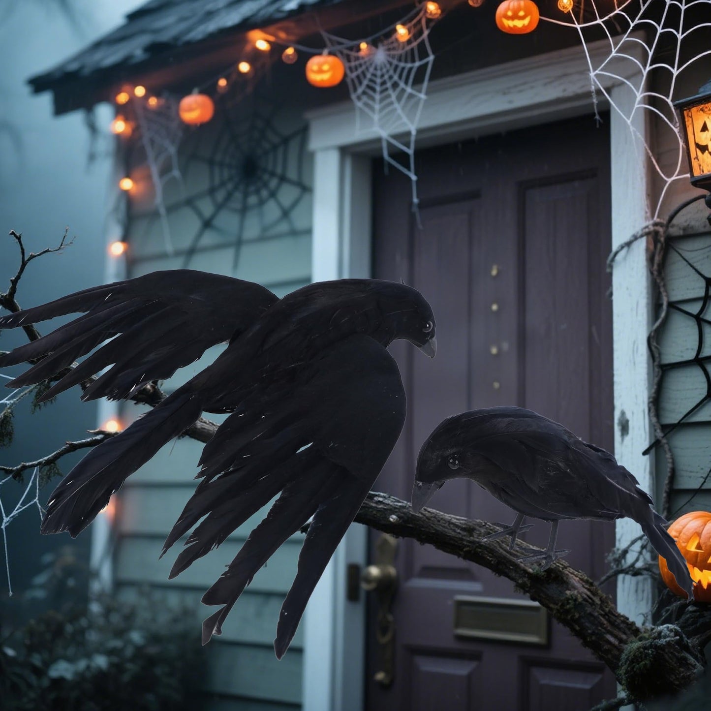 YOFIT Halloween Crows Decorations, 2 Pcs Extra Large Realistic Crows Artificial Ravens, Black Feather Birds Prop for Indoor Outdoor (17 Inch & 10 Inch)