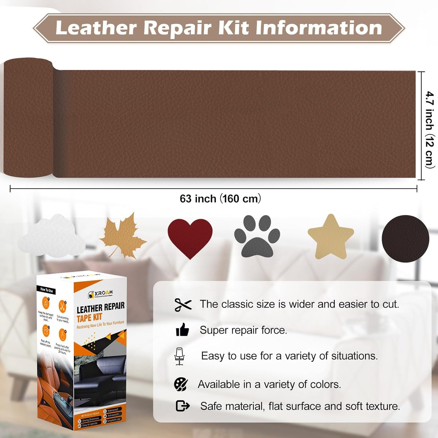 Leather Repair Tape, 4.7x63 inch, Green, Fine Grain, Self-Adhesive, Water-Resistant, Strong Adhesion, For Furniture, Leather, Vinyl