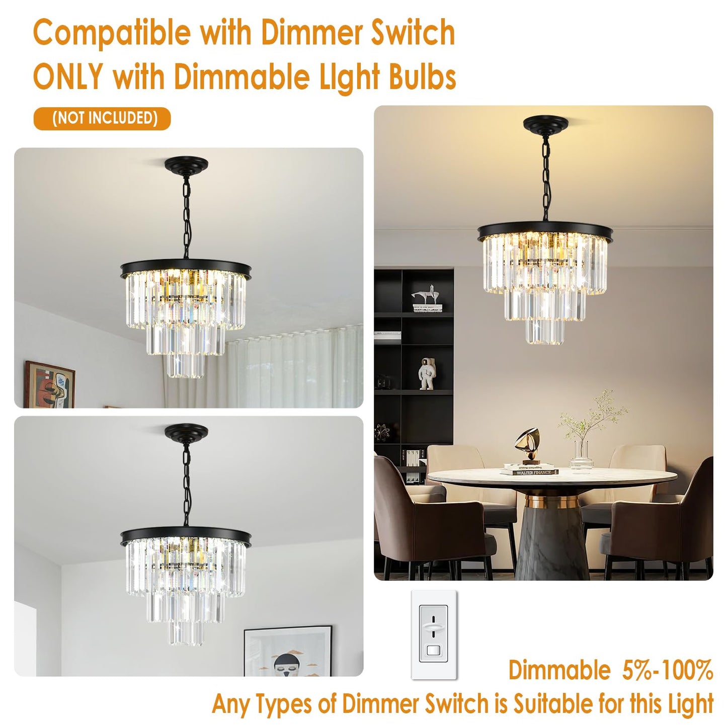 AKDXIRUN Modern Black Crystal Chandelier 3-Tier Round Chandeliers Pendant Ceiling Light Fixture Flush Mount for Dining Room Living Room Bedroom Foyer Hallway Entryway W16