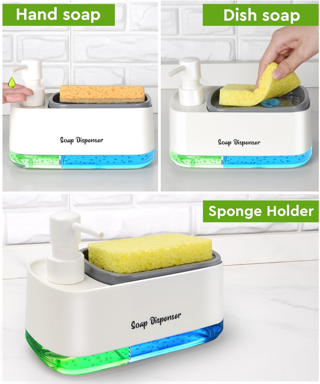 Hand and Dish Soap Dispenser Set for Kitchen, Dual Soap Dispenser with Sponge Holder, 3-in-1 Countertop Soap Pump Dispenser for Kitchen Sink, Useful Kitchen Gadgets - White