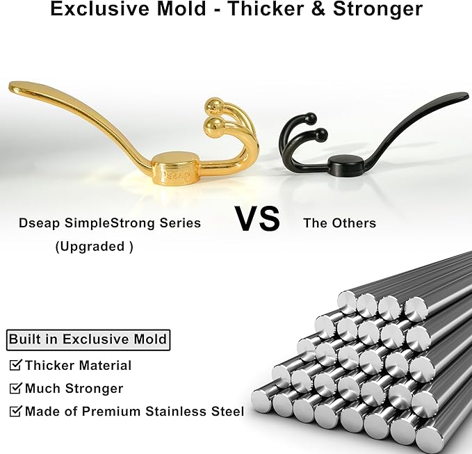 Dseap Over Door Hook 2.0 - Upgraded Version - Simple-Assembly, Strong, Heavy-Duty Stainless Steel 5-Tri-Hook Over The Door Hanger Rack, SimpleStrong Series, Gold