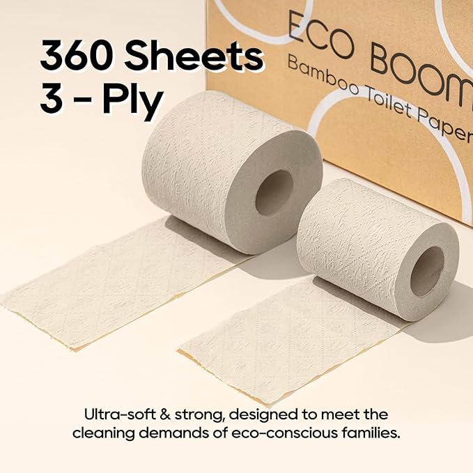 ECO BOOM Toilet Paper 100% Bamboo 3-Ply, Plastic-Free & Tree-Free, strong, FSC Certified, Unscented, 9 Rolls, 360 Sheets | PFAS Free, BPA Free & Septic Safe