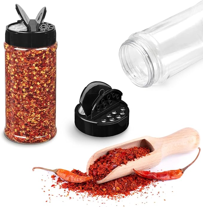 RoyalHouse 6 Pack 16 Oz Plastic Spice Jars with Black Cap, Clear and Safe Plastic Bottle Containers with Shaker Lids for Storing Spice, Herbs and Seasoning Powders, BPA Free, Made in USA