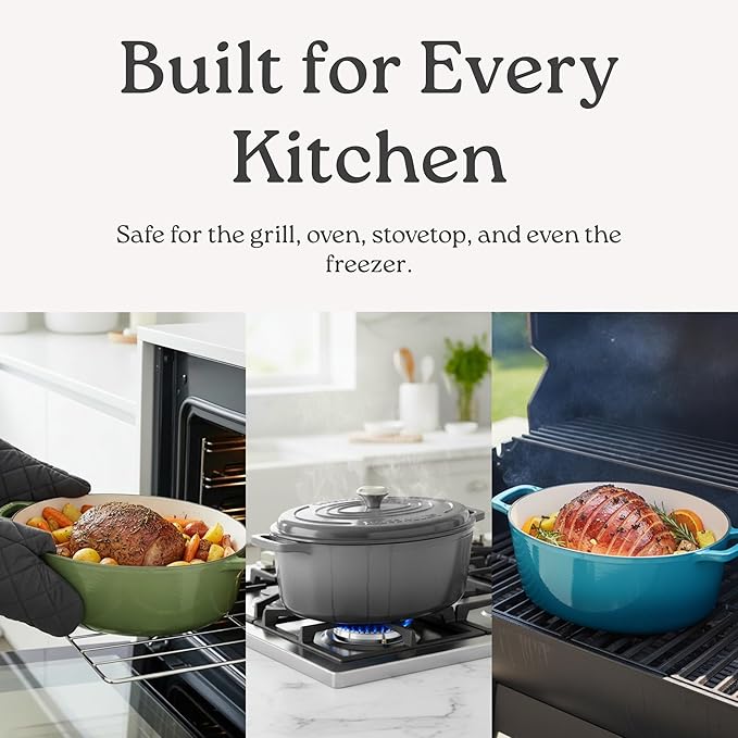 Signature Enameled Cast Iron Oval Dutch Oven | Non-Stick Serving Pot with Tight Fitting Lid for Perfect Roasting, Baking, Sauteing, and Bread Making | 9.5Q [Oyster Grey]