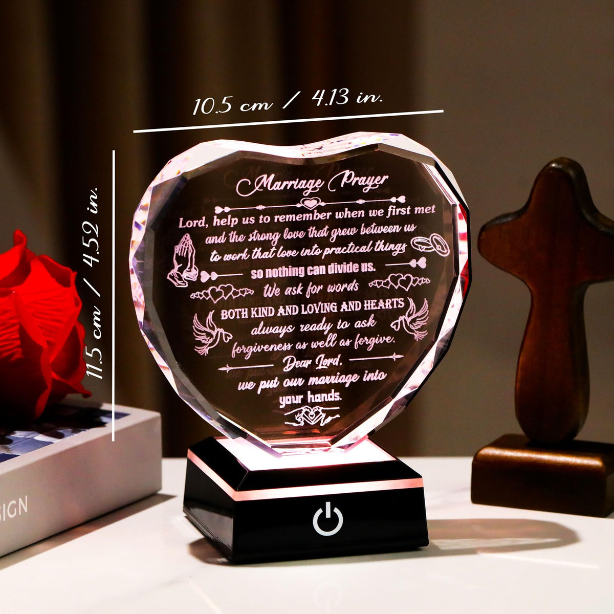 Crystal Marriage Prayer Gifts for Couple Heart-shaped Wedding Keepsake with LED Base for Her Him Romantic Anniversary Plaque for Wife Husband on Valentine's Day Birthday Wedding Engagement