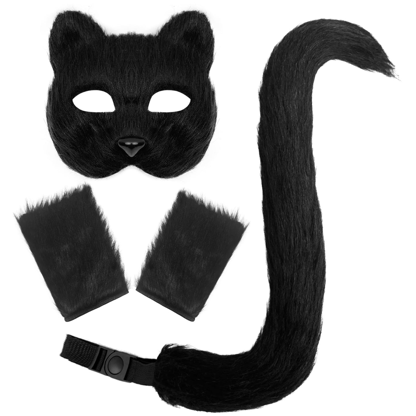 FunMular Therian Mask and Tail Cat Masks Animal Tail Fox Glove Set Furry Paws for Halloween Party Costume (Black)