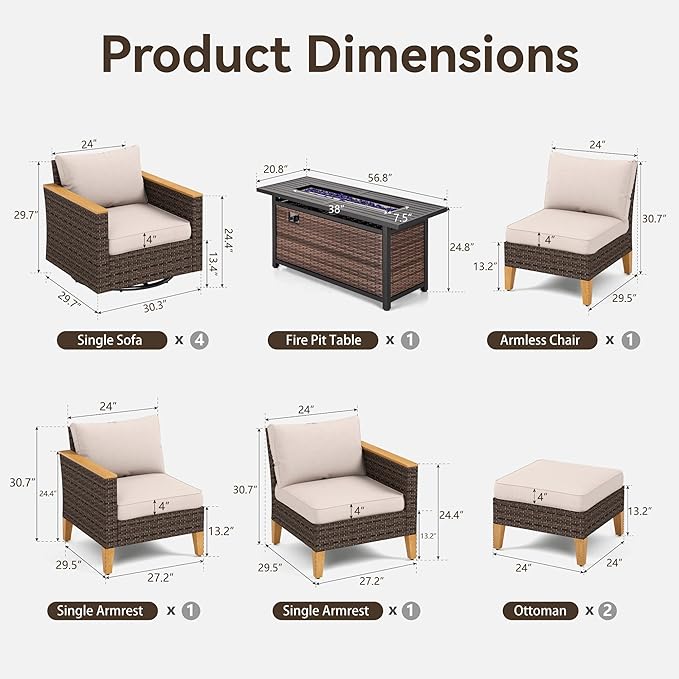 GREEN PARTY 9 Pieces Wicker Patio Furniture Set with 56" Fire Pit Table, All-Weather Outdoor Rattan Patio Sectional Sofa Conversation Set 9 Seats for Garden, Backyard, 4 x Swivel Chairs