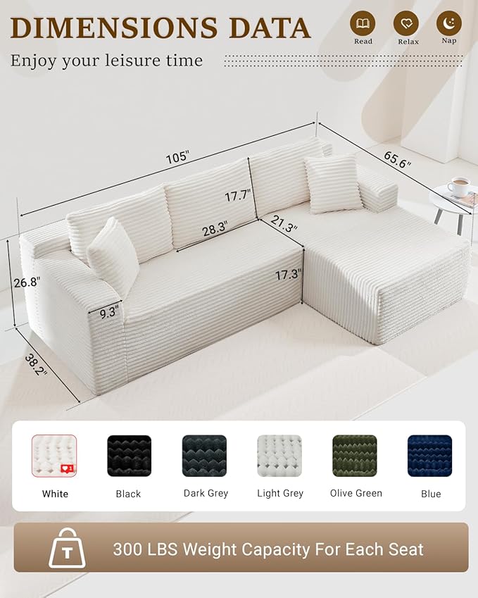 105 Inch Modular Sectional Sofa,Modern Cloud Sectional Couch with Deep Seat,Corduroy Boneless Couches with L-Shape Chaise for Living Room Bedroom,No Assembly Required (White, Right Facing Chaise)