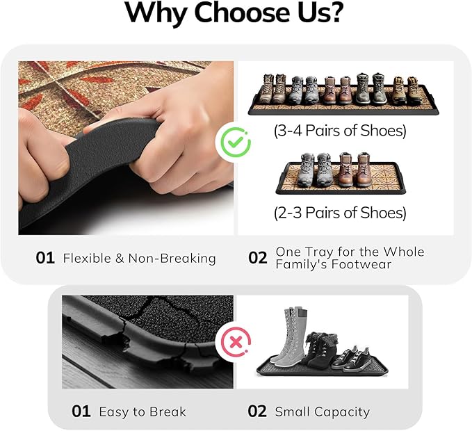 Mibao Boot-Tray Heavy Duty Rubber Shoe Mat with Lip Waterproof Shoe Tray for Entryway Indoor Outdoor Multi Use, Non-Slip Shoe Cleaning Shoe Storage with Artistic Prints, 16" x 27.5", Brown