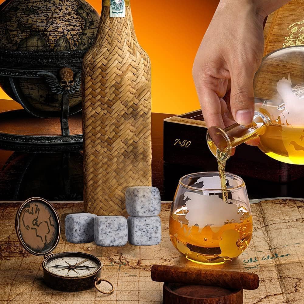 FWTBOOM Whiskey Globe Decanter Set, with 2 Etched Whiskey Glasses, 4 Ice Cubes, Tong & Funnel, Decanter for Liquor, Bourbon, Scotch, Whisky Gifts for Men Husband Boyfriend Dad, 1000ML