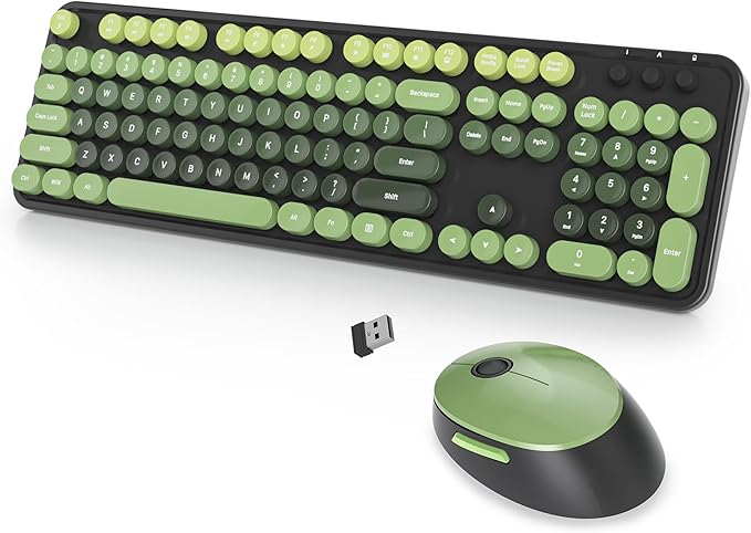 Wireless Keyboard and Mouse Set, Retro Typewriter, 2.4GHz Full Size 104-Key Cute Keyboard with Number Pad, Colorful with Round Keycaps for Windows PC Laptop(Dark Green)