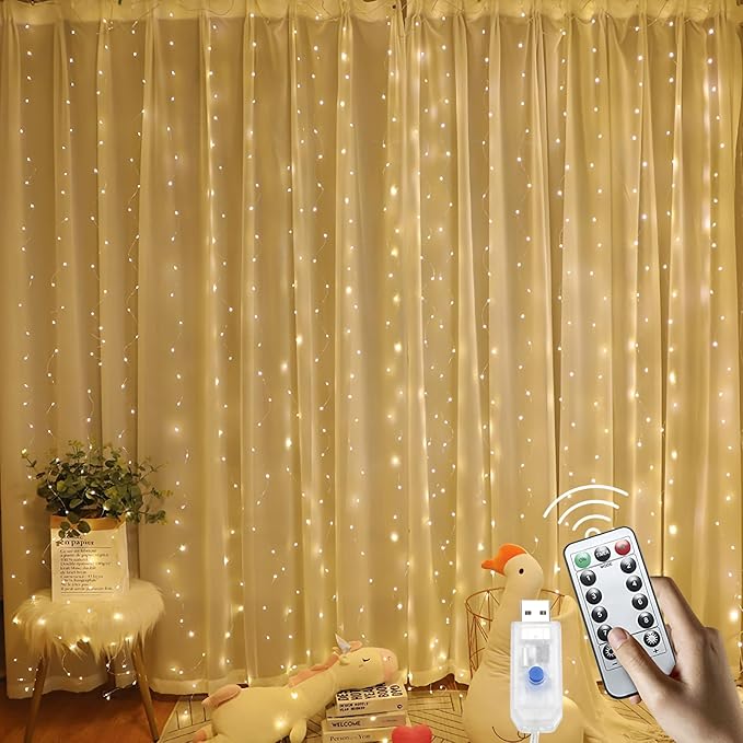 URLUKY 300 LED Curtain String Lights with Remote & Timer, 8 Modes Lighting, 9.8×9.8 Ft, DIY Lights for Birthday Wedding Ch...