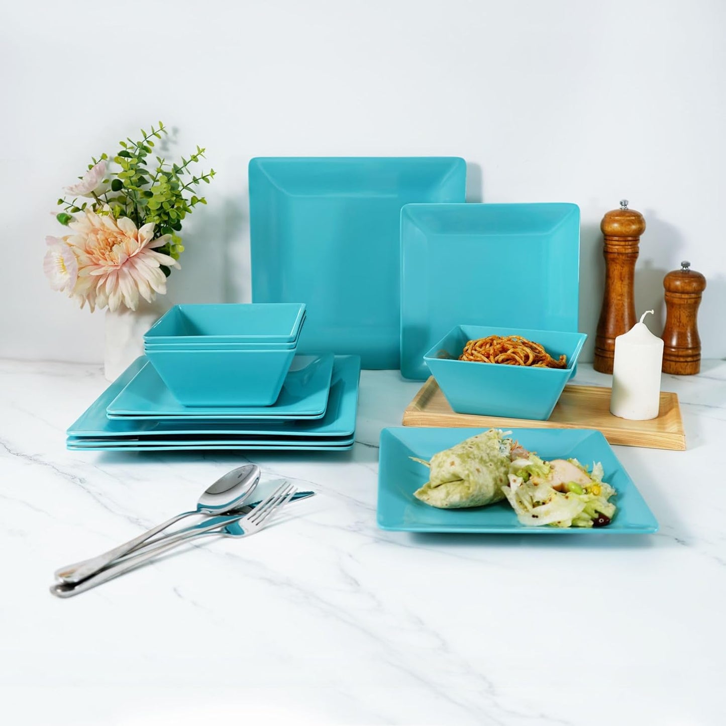 TP 12-Piece Dinnerware Set, Melamine Dishes Set with Bowls and Plates, Non-breakable and Lightweight Square Dinner Set for 4, Teal