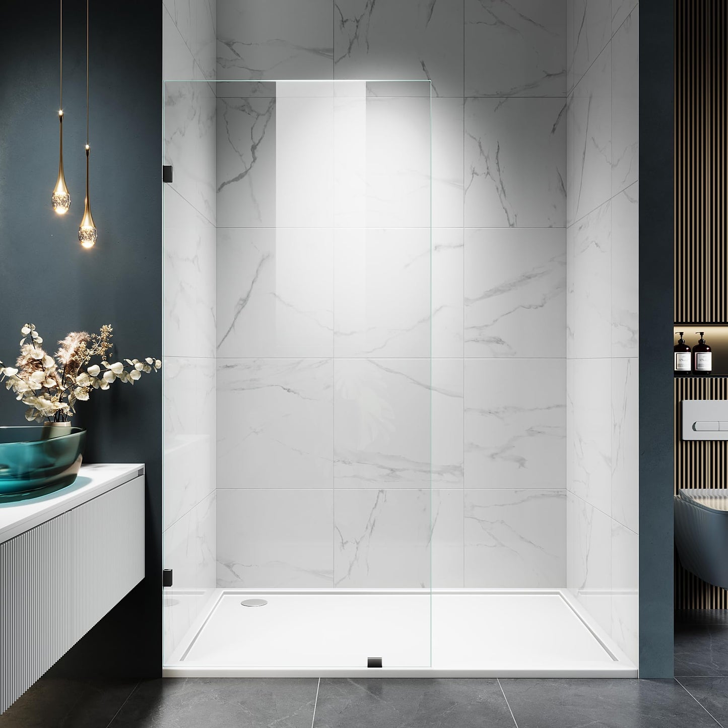Shower Glass Panel, 32" W x 78.75" Fixed Shower Screen Panel with 3/8"(10mm) SGCC Clear Tempered Glass, Frameless Walk in Shower Door for Bathroom (Matte Black, 32" W x 78.75" H)