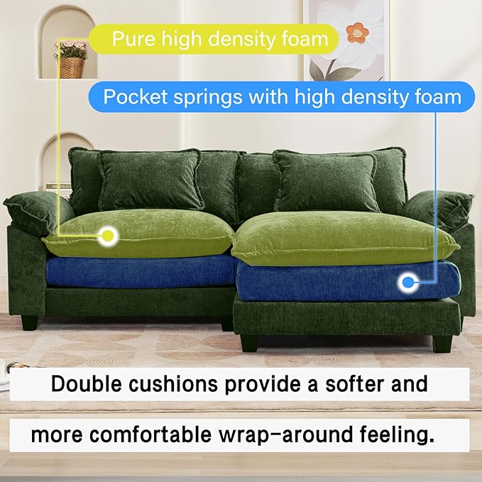 Oprisen 86" Modular Sectional Sofa, Comfy Cloud Couch Sectional Sofa with Ottoman, Chenille Sofa Sleeper Deep Seat Sofa with Throw Pillows for Living Room (Green, 86"- L Shape)