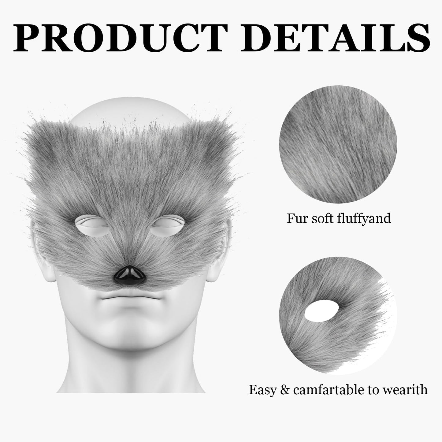 Hyuetrsa Faux Fur Fox Tail Cat Wolf Cosplay Costume Set Furry Orc Mask and Fox Tail Gloves Set Halloween Christmas Party Girls Women, Mask, a Pair of Gloves and a Tail 3-Piece Set