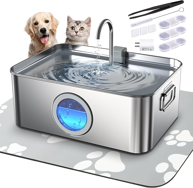 12L/3.2Gal Dog Water Fountain Stainless Steel with Silicone Mat & 3 Set Filters, DYSJ01 Dog Fountain Water Bowl for Large ...