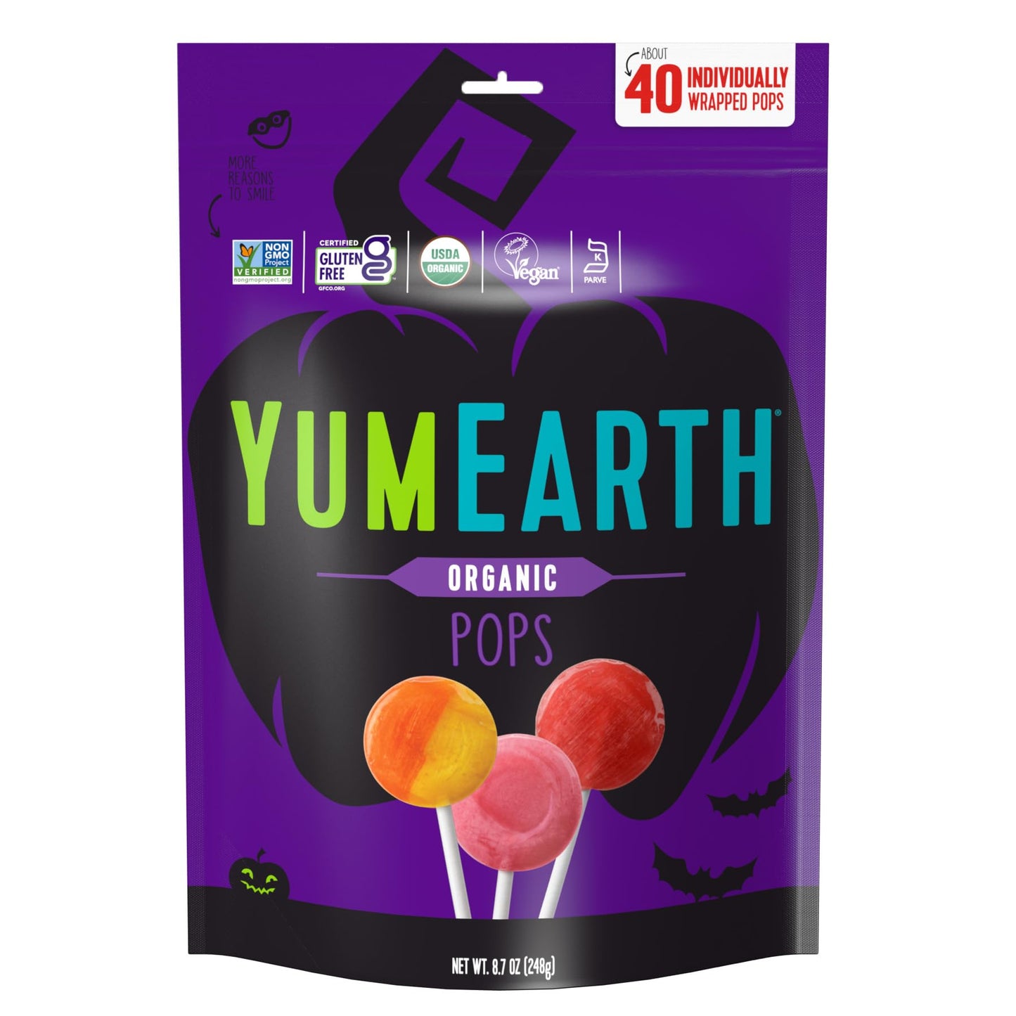 YumEarth Organic Halloween Lollipops - Allergy Friendly (Top 9 Free), No Artificial Dyes or Flavors, Non GMO, Gluten Free, Vegan, Individually Wrapped - Assorted Flavors, 8.7 oz (Pack of 40)