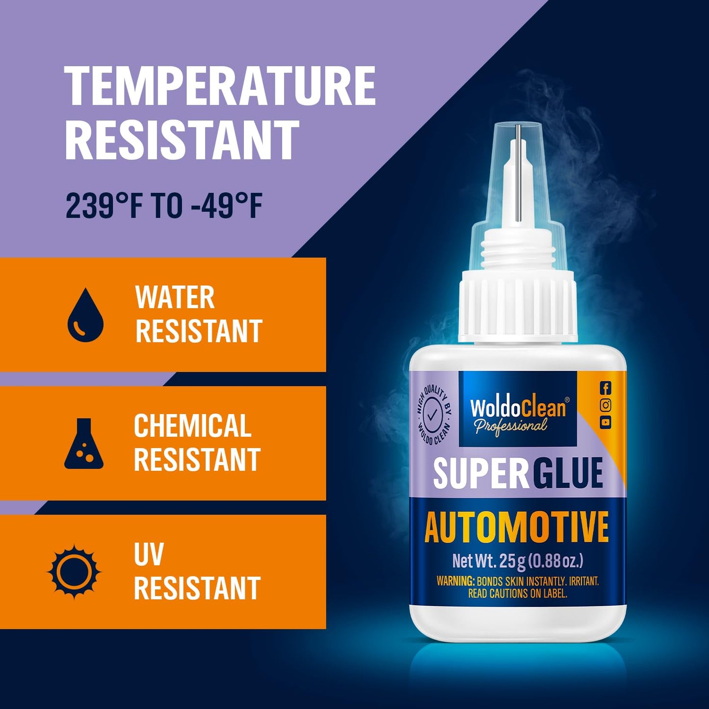 WoldoClean Super Glue for Cars & Vehicles - Extra Strong Automotive Adhesive, Fast-Drying, Heat & Water Resistant, 25g Liquid Formula for Plastic, Metal & Rubber Repairs