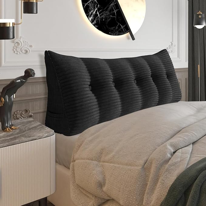 Wedge Headboard Pillow Dorm Room Reading Pillow Back Support for Sitting Up in Bed Bolster Lumbar Cushion Body Positioning Bedrest Corduroy (Black, Queen (59 * 8 * 20in))