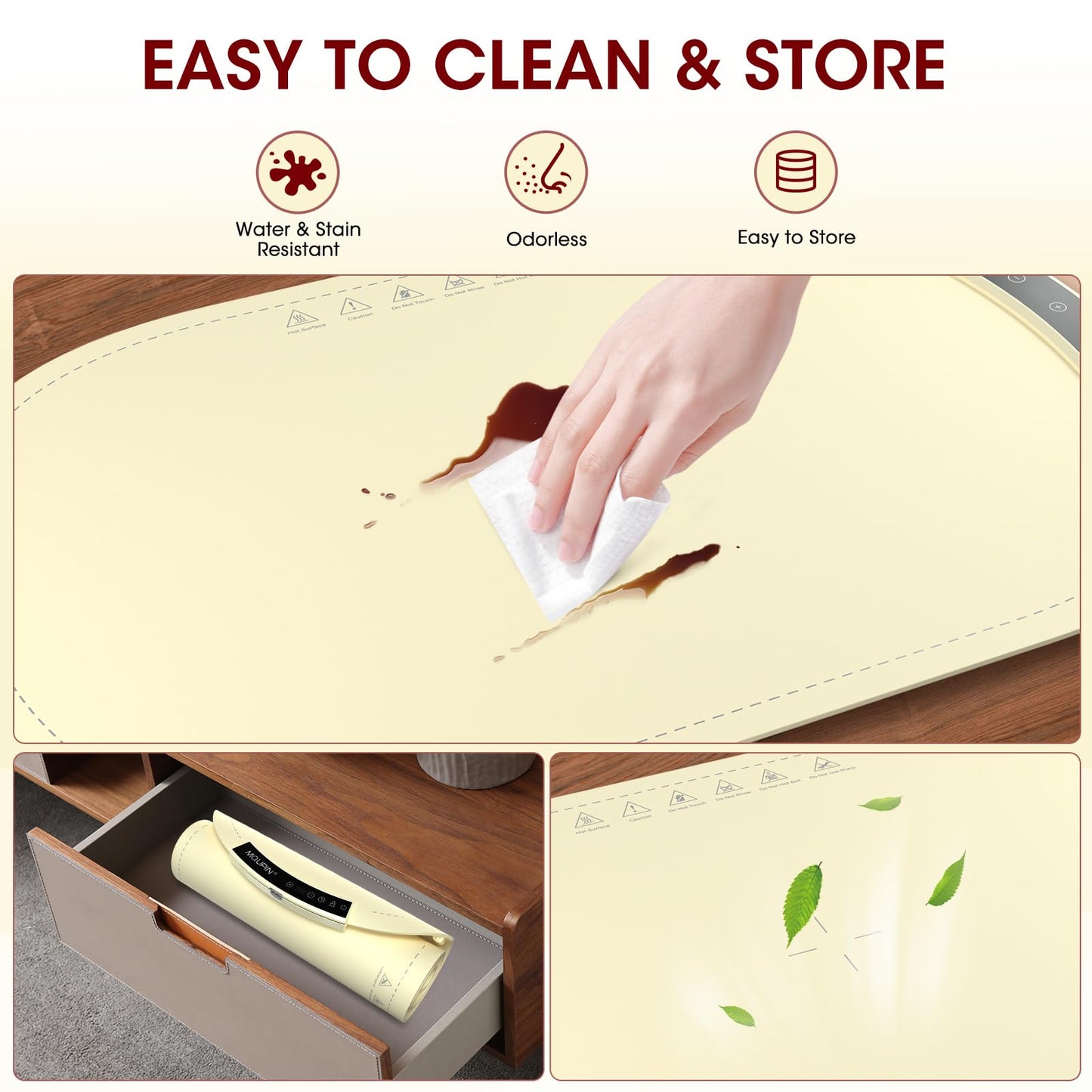 Warming Mat for Food, MQUPIN Food Warming Mat with 7 Temp Settings 1-4 H Timer and Child Safety Lock, Full Surface Heating Roll Up Electric Warming Tray for Gatherings,Parties,Buffet,Daily Use（Beige）