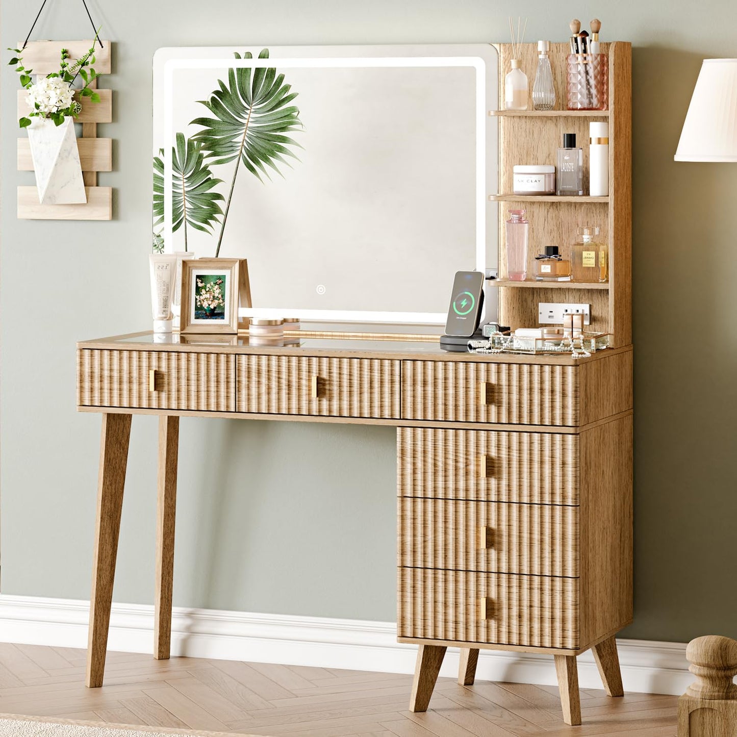 Ieejdn Large Makeup Vanity Desk with Mirror and Lights, Vanity Desk with 6 Drawers & Storage Shelves, Vanity Table with Power Outlet, 3 Color Modes & Adjustable Brightness Dressing Table, Bedroom,Oak