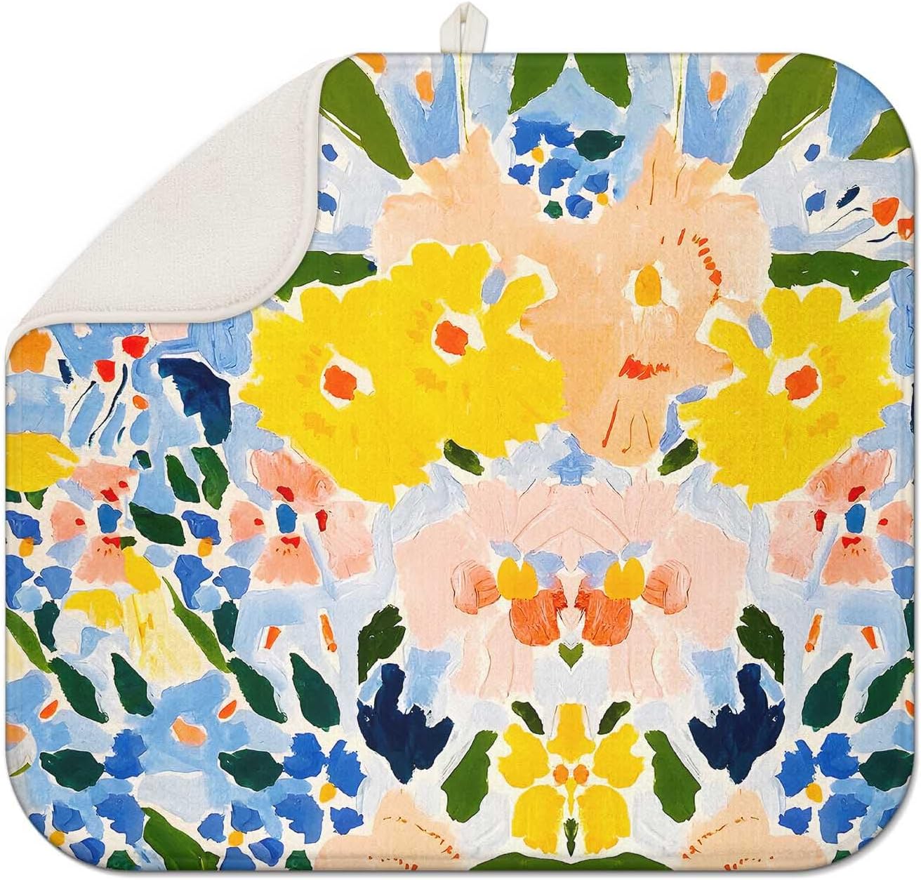 Flower Drying Mat 16" X 18" Yellow flower Kitchen Counter Stone Large Dish Drying Mats For Kitchen Counter Blue Floral Drying Mats For Home Counter Drying Mats For Dishes Table Mat Drying Kitchen Mat