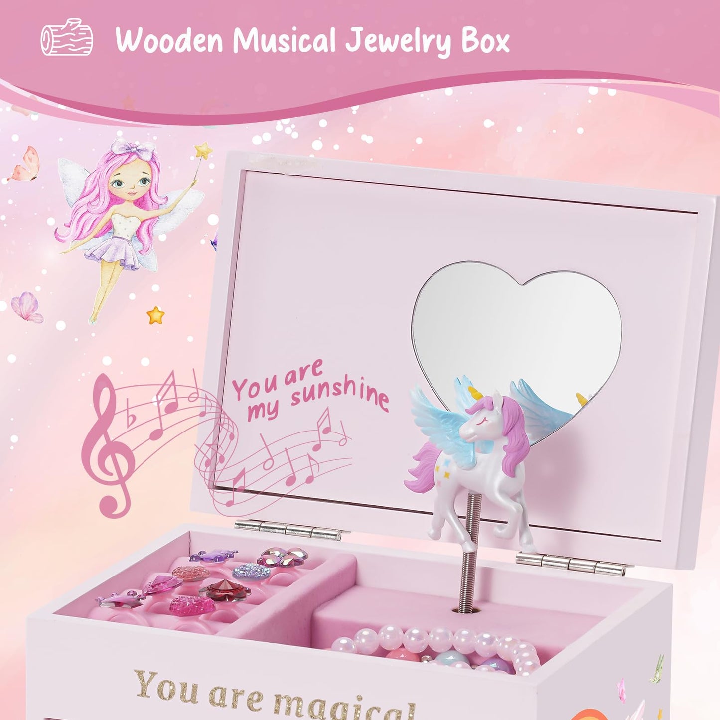 Lolalet Wooden Jewelry Box with Unicorn for Girls, Musical Children's Jewelry Organizer, Gift for Toddler Age 2 3 4 5 6 7 8 9 on Birthday -Pink
