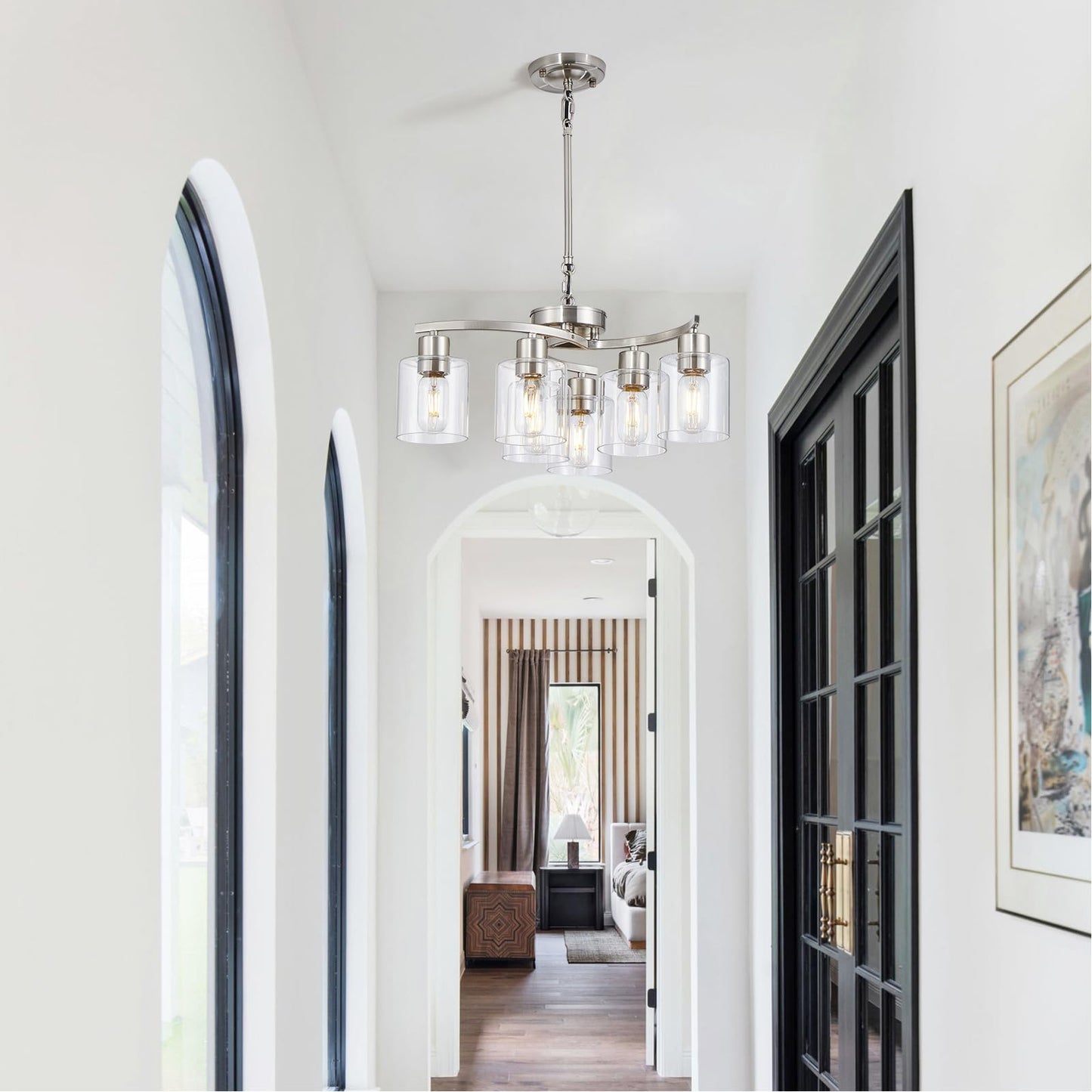 Eatich Modern Chandelier, Brushed Nickel Chandeliers for Dining Room, Adjustable Height 6 Light Dining Room Light Fixture, Hanging Light Fixtures Ceiling for Living Room Bedroom Kitchen Island