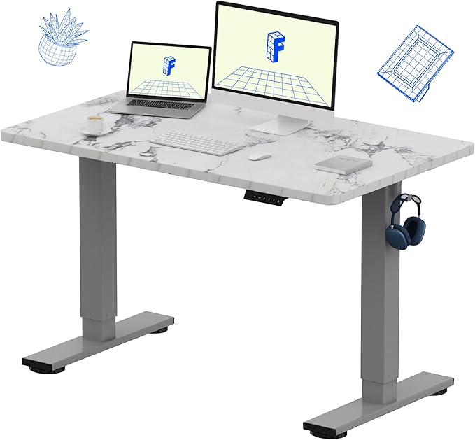 FLEXISPOT EN1 One-Piece Standing Desk 48 x 30 Inches Height Adjustable Electric Desk (Silver Frame + Marble Grey Top, 2 Packages)